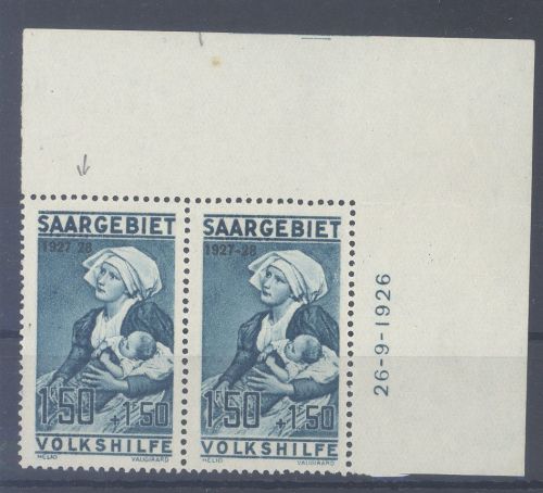 Saargebiet Michel Nummer 125, 150 Fr. 1927 im ** Eckrandpaar
