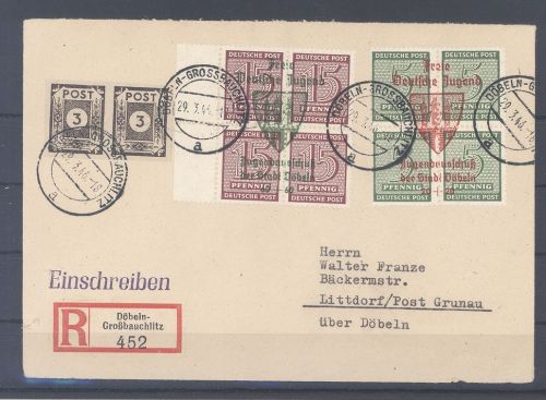 Dt. Lokalpost Döbeln Michel Nummer 2-3, Viererblöcke 1946 auf Brief