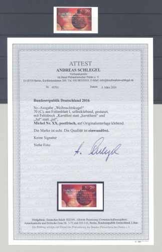 Bund Michel Nummer XX, Weihnachtskugel 2016 **, FA BPP