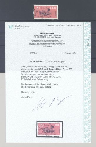 DDR Michel Nummer 1009 Y, 20 Pfg. 1964 gutes Wz Y gestempelt, FA