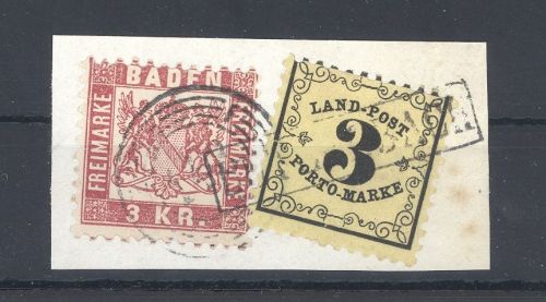 Baden Landpost, Briefstück mit Michel Nummer 2x mit Rahmenstempel