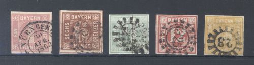Bayern Michel Nummer 3-7, Freimarken 1850 gestempelt