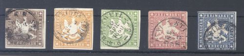 Württemberg Michel Nummer 11-15, Freimarken 1857 gestempelt.