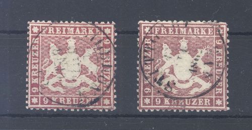 Württemberg Michel Nr. 19ya+b, 9 Kreuzer 1861 gestempelt, gp. BPP
