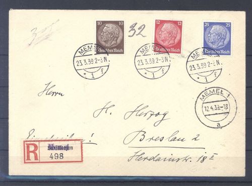 Memel, R - Brief mit Hindenburg MiF aus Schillkojen nach Breslau