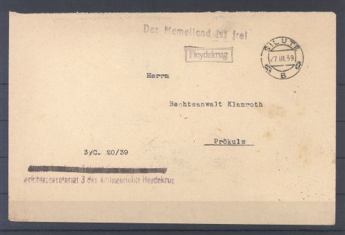 Memel, Gerichtsbrief 1939 aus Silute nach Proküls