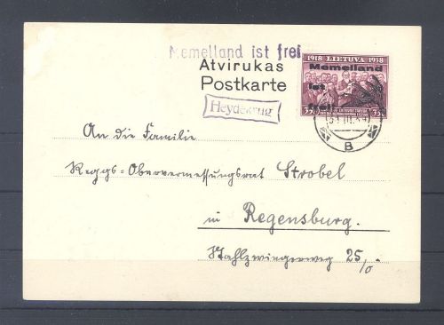 Memel, Karte mit 35 Cent Lokalausgabe EF aus Heydekrug
