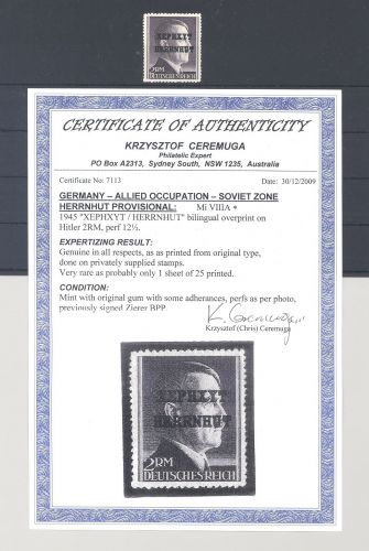 Dt. Lokalpost Herrnhut Mi.Nr. VIIIa, 2 RM ungebraucht *, alter Befund