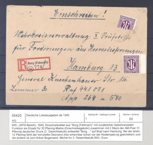 Dt. Lokalpost Kiel, R - Brief mit 2 x 12 Pfg. als MeF aus Burg nach Hamburg