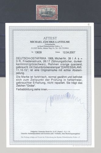 Dt. Kolonien Ostafrika Michel Nr. 39 I A a, 3 Rupie gestempelt, FA BPP