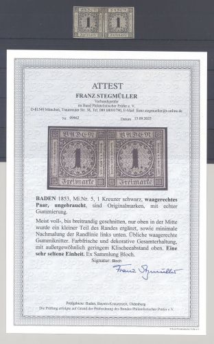 Baden Mi.Nr. 5, 1 Kreuzer 1853 als ungebrauchtes * Paar, FA BPP