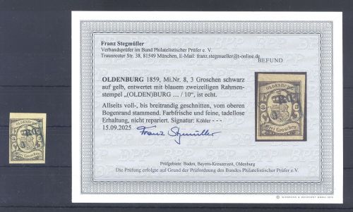 Oldenburg Mi.Nr. 8, 3 Sgr. 1859-61 Oberrand gestempelt, Befund BPP