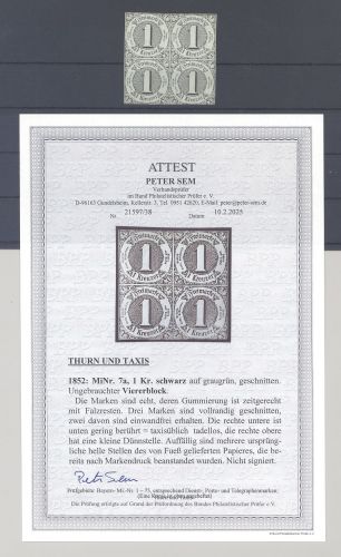 Thurn & Taxis Michel Nummer 7a, 1 Kreuzer als * Viererblock, FA BPP