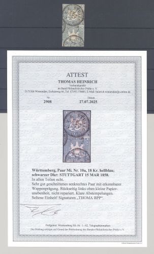 Württemberg Michel Nr. 10a, 18 Kreuzer gestempeltes Paar, FA BPP