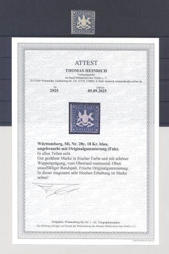 Württemberg Michel Nummer 20y, 18 Kreuzer ungebraucht *, FA BPP