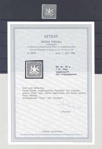 Württemberg Michel Nummer 35b, 7 Kreuzer 1868 ungebraucht * FA BPP