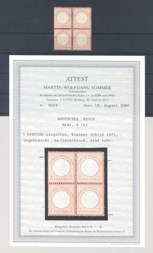 Dt. Reich Michel Nummer 8, 2 Kreuzer ungebrauchter * Viererblock, FA BPP