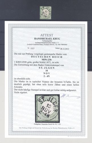 Dt. Reich Michel Nummer 23b, 1 Kreuzer Farbe b guter Stempel, FA BPP