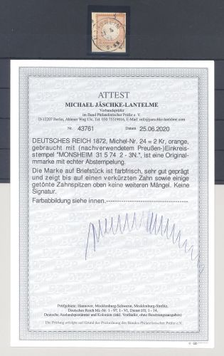 Dt. Reich Michel Nummer 24, 2 Kreuzer gr. Brustschild Briefstück FA BPP