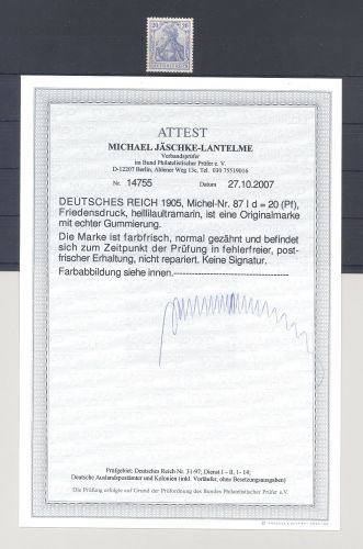 Dt. Reich Michel Nummer 87 I d, 20 Pfg. Germania **, FA BPP