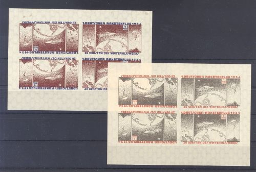 Dt. Reich, 2 ungebrauchte * ungezähnte Viererblöcke Raketenflug 1934