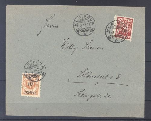 Memel Lit. Besetzung, Brief mit 10 Centu und Lit. Marke MiF Klaipeda