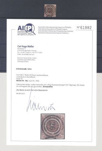 Dänemark Michel Nr. 1IIc, FIRE R.B.S. 1854 Topwert gestempelt, FA BPP