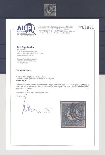 Dänemark Michel Nr. 2 I, 2 S. 1851 gestempelt Topwert, FA Moller AIEP