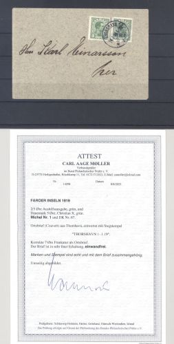 Färöer Inseln, Brief 1919 Michel Nr. 1, 5 Öre Provisorium MiF, FA BPP