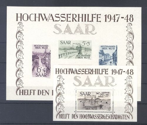 Saarland Block 1-2, Hochwasserblockpaar 1948 ungebraucht *