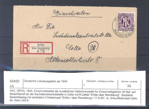 Dt. Lokalpost Kiel, R - Brief mit 12 Pfg. als EF aus Erfde nach Celle