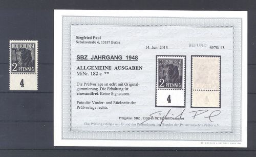 SBZ Michel Nummer 182c, 2 Pfg. 1948 vom Unterrand **, Befund BPP