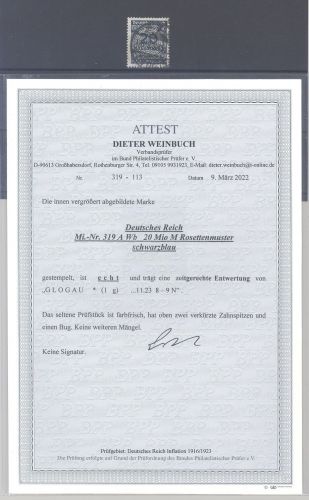 Dt. Reich Michel Nummer 319 A Wb, 20 Mio. 1923 gestempelt, FA BPP