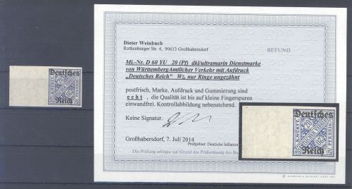 Dt. Reich Dienst Michel Nummer 60 YU, 20 Pfg. 1920 **, Befund BPP