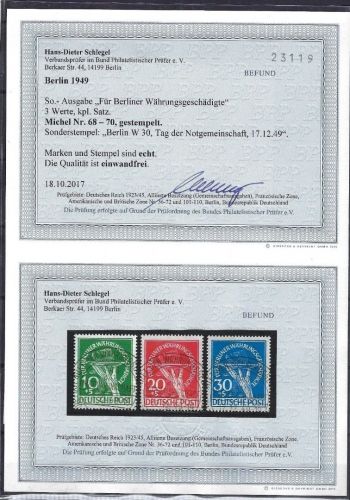 Berlin Mi 68-70 SoSt Tag d. Notgemeinschaft, Luxus, Befund Schlegel BPP