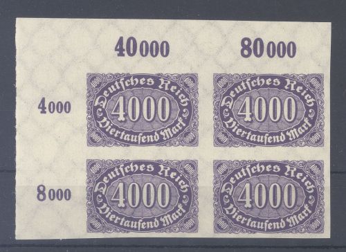 Dt. Reich Mi.Nr. 255 U, 4000 Mark ungezähnt Viererblock Eckrand **