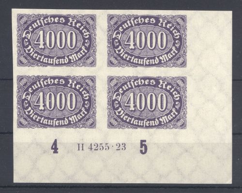Dt. Reich Mi.Nr. 255 U, 4000 M. ungezähnt Viererblock Eckrand HAN **