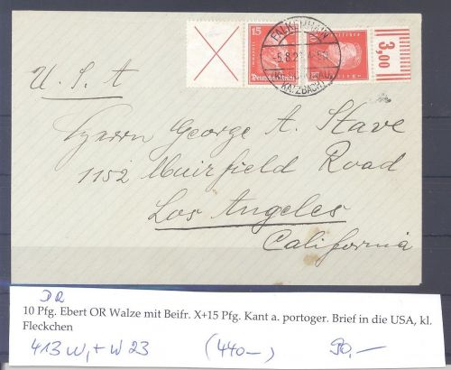 Dt. Reich, Brief Zusammendruck W 23 und 413 vom Oberrand in die USA