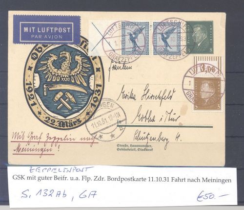 Dt. Reich, Zeppelin Karte 1931 mit S 132 Ab und 3 Pfg. Ebert OR