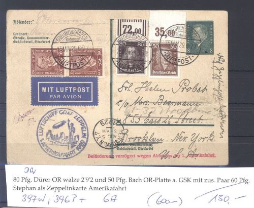 Dt. Reich, Zeppelin Karte mit 396 und 397 vom Oberrand in die USA