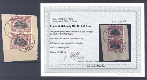 Dt. Abstimmung Eupen Malmedy Mi.Nr. 6 C Paar Briefstück, Befund BPP