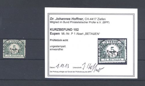 Dt. Abstimmung Eupen Michel Nr. P 1 mit PF 1 gestempelt, Befund BPP