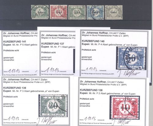 Dt. Abstimmung Eupen, gestempelter Posten Abarten, 5 Befunde BPP