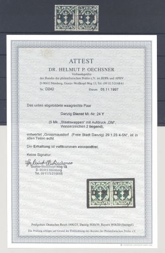 Danzig Dienst Michel Nummer 24 Y, 5 Mark gestempeltes Paar, FA BPP