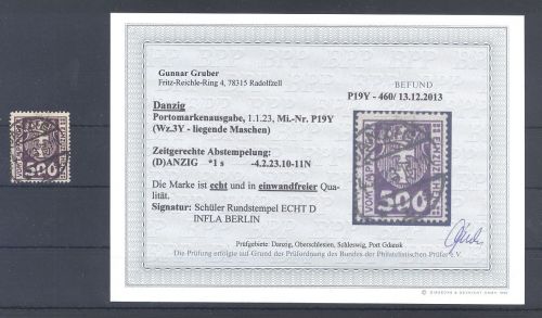 Danzig Porto Michel Nummer P 19 Y, 500 Pfg. gestempelt, Befund BPP