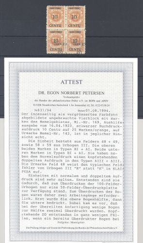 Memel Mi.Nr. 169, 10 Centu als */** Viererblock mit Aufdruckvarianten