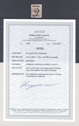 Memel Mi.Nr. 173 A I DDI, 50 C. mit Doppeldruck gestempelt, FA BPP