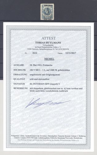 Memel Mi.Nr. 182 V DDI, 1 L. mit Doppeldruck ungebraucht *, FA BPP