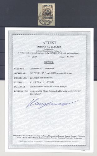 Memel Michel Nummer 212 PF VIII, 25 C. 1923 Briefstück, FA BPP