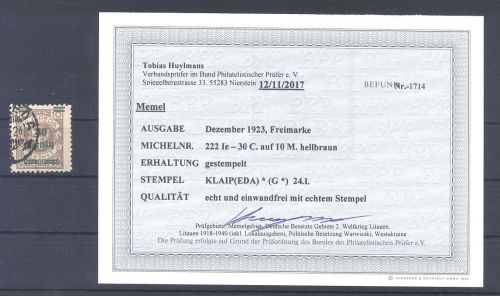 Memel Michel Nummer 222 Ie, 30 C. Freimarke 1923 gestempelt, FA BPP